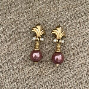 Gold-Tone Fleur Drop Earrings with Mauve Pearl Beads